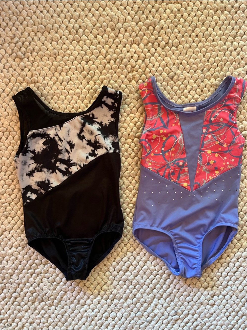 Kids Black Tie-Dye and Purple Athletic One-Piece Leotards.